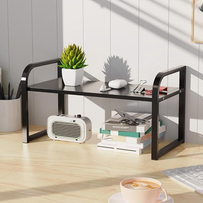 Office Desk Shelf Organizer, Wood Desktop Bookshelf Supplies Storage Rack, Shelf for Top Desk Dresser and Cubicle Decor Bookshelf Monitor Stand Riser (Black Black-single Tier, 15.75 Lx7.87 Wx8.46 H)