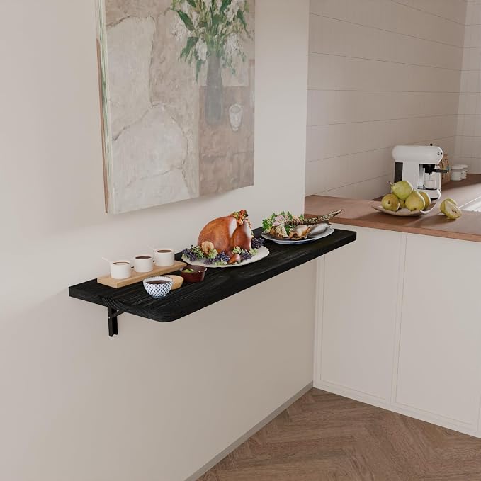 IAE Wall Mounted Folding Table with Pine Wood,48" x 16" Floating Wall Desk,Laundry Folding Table with Shelf Brackets,Fold Down Desk Shelf,Fold Workbench for Apartments,Home,Laundry Room,Kitchen,Black