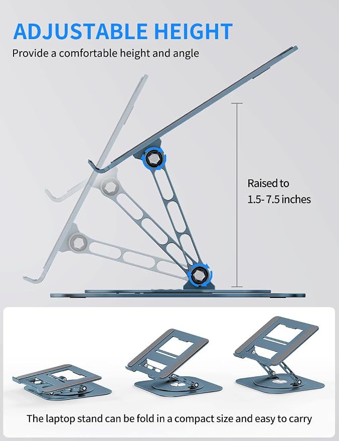 AOEVI Adjustable Laptop Stand with 360 Rotating Base, Computer Stand for Laptop Ergonimic Foldable Laptop Riser for Desk Compatible with MacBook Pro/Air Notebook up to 16 Inches, Navy