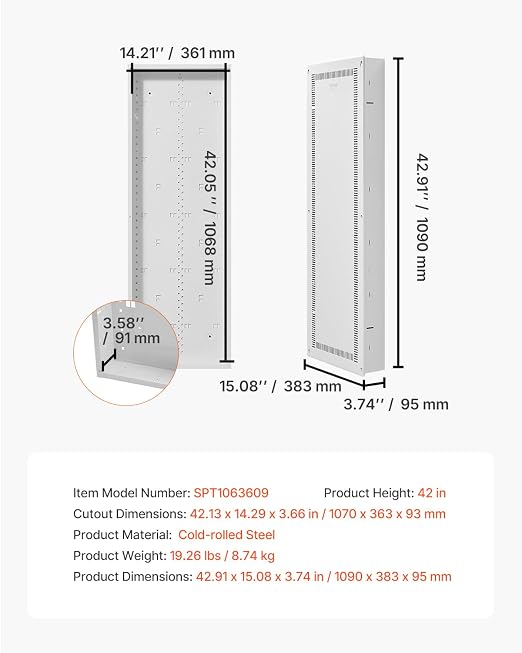 VEVOR Structured Media Enclosure, 42-Inch, Recessed in-Wall Media Box with Cover, Wall-Mount Cable Management Box Kit, Structured Wiring Multi-Media Cabinet, Cold-Rolled Steel, for TV Home Theater