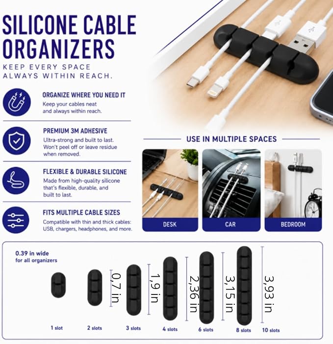 Cable Management Kit for Desk, 34-Piece, Black, Magnetic Organizer, Silicone Clips, Velcro Straps, Sleeve Wrap, Adhesive Cord Holders Office, Home & Gaming Setup cord organizer