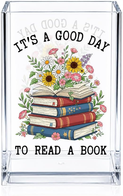 It's A Good Day To Read A Book Acrylic Cosmetic Pencil Pen Holder, Funny Book Pencil Holder for Bookworm, Bookish Gifts for Reading Lover Librarian Teacher Reader, Reading Nook Accessories