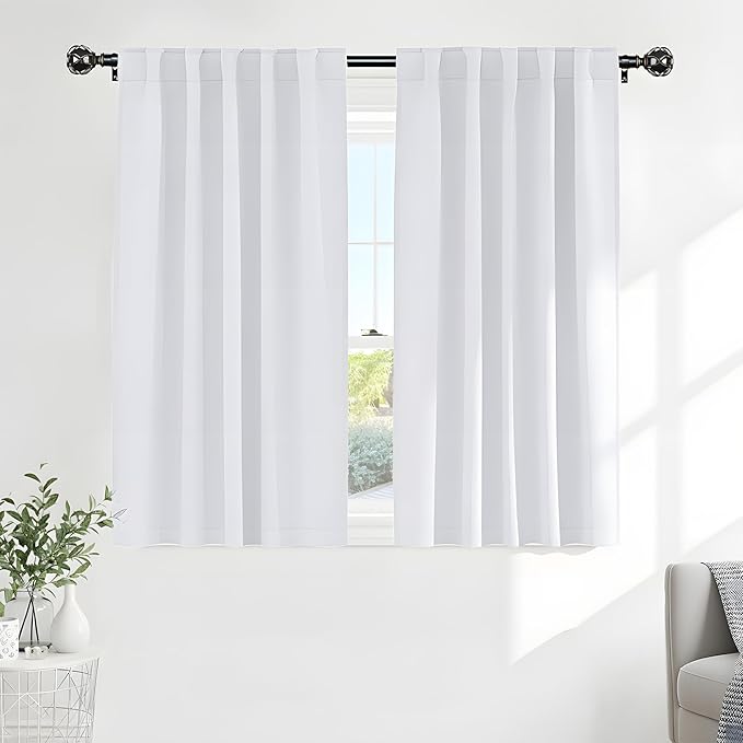 PONY DANCE 60% Light Blocking Curtains 48 inch Long for Short Small Window, Rod Pocket and Back Tab Thermal Insulated Room Darkening Curtains for Kitchen/Cabinet(2 Panels, W42 x L48 inch, Pure White)