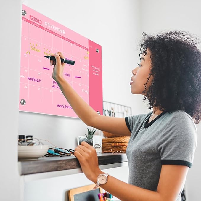 Pink Glass Dry Erase Whiteboard, 18" x 24", Frameless Glass White Board for Home, School, Office