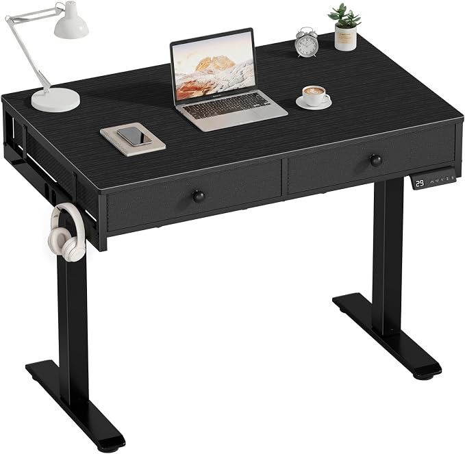 KLUVIS Black Adjustable Desk with Storage, 39 Inch Small Black Desk with Drawers, Small Space Stand Up Computer Desks for Home Office Bedroom, Sit Stand Work Desks for Walking Pad
