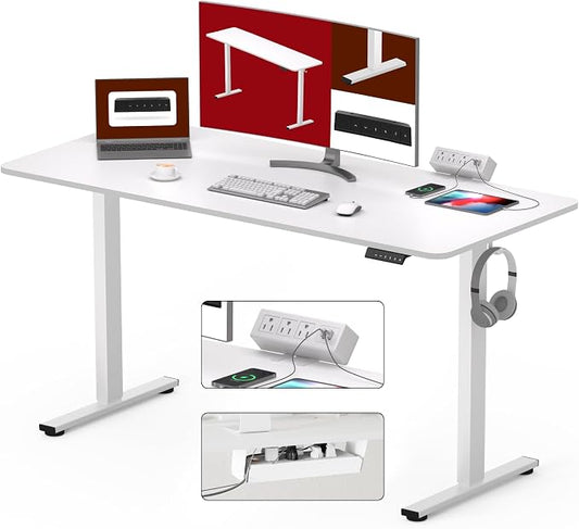 SANODESK Electric Standing Desk with Desk Clamp Power Strip 60"x 24" Whole-Piece Desktop Height Adjustable Stand Up Desk with Cable Management Sit Stand Home Office Desk White Frame/White Top