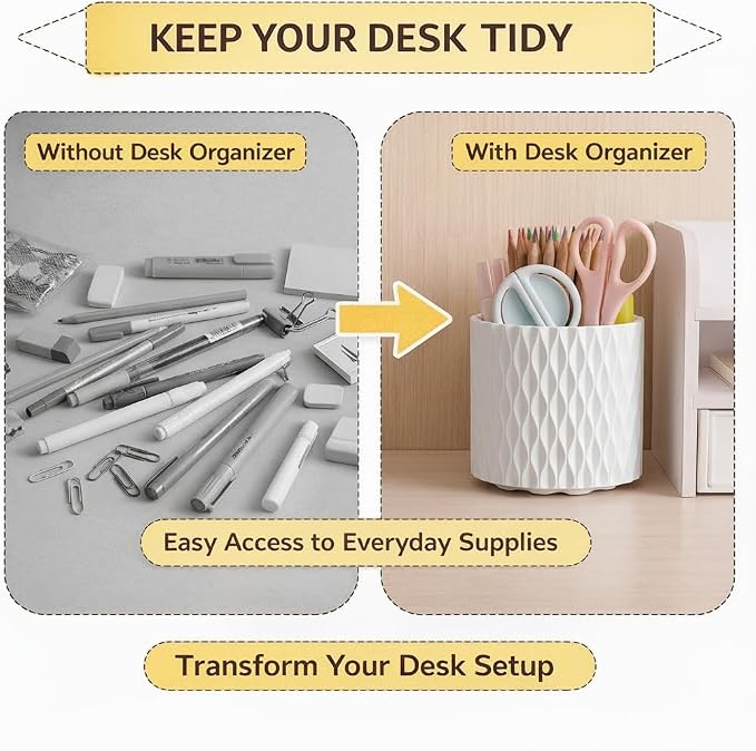 White Pen Holder for Desk, 360° Rotating Pencil Organizer, 5 Slots | Spinning multi-use organizer holds pens, makeup brushes, art supplies & markers — desk caddy for office, classroom or vanity