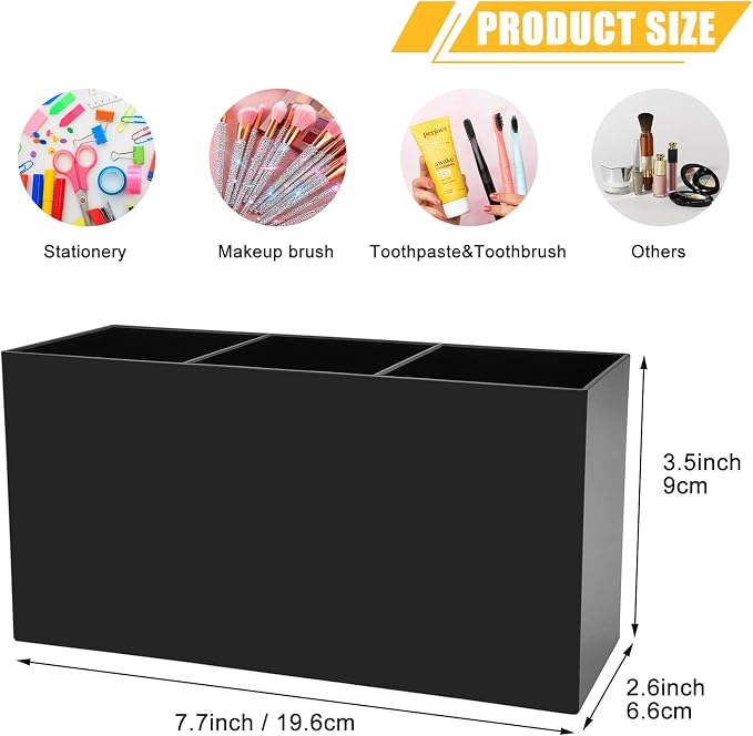 Cerpourt Black Makeup Brush Organizer,Acrylic Cosmetic Brushes Storage Holder with 3 Slots,Pencil Pen Holder for Desk,Desk Organizer and Accessories for Vanity