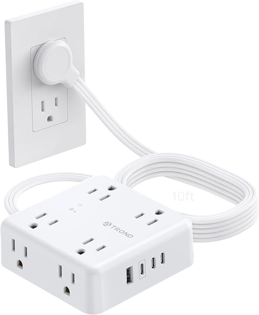 TROND Surge Protector Power Strip, 10FT Flat Plug Extension Cord with 8 Outlets & 4 USB Ports (3 USB C), 1625W, Wall Mount Outlet Extender for Home Office Dorm Room Essentials, White