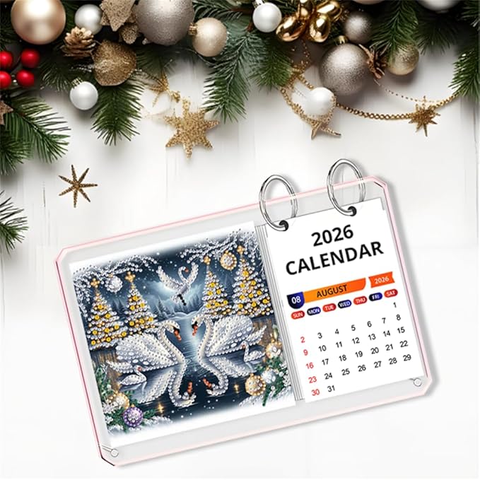 2026 Standing Desk Calendar DIY Diamond Art Painting Monthly Flip Desktop Calendar Mosaic Kits Acrylic Tabletop Calendars Diamond Art Craft Supplies Planner for Office Home Decor-Swan