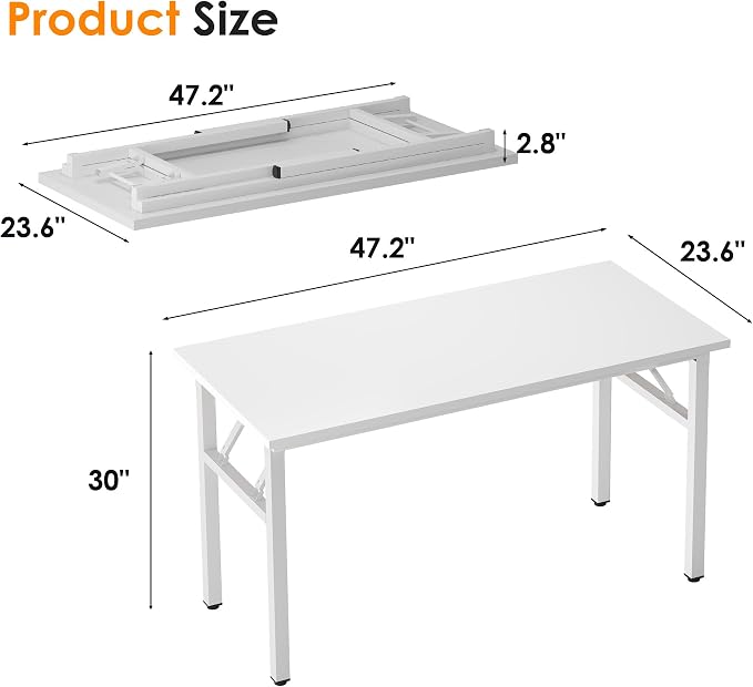 SogesHome 47 inches Folding Computer Desk, Modern Foldable Laptop Gaming Desk, Portable Home Office Table Study Writing Table, White