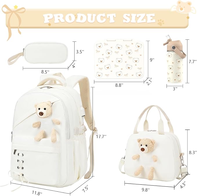 ACESAK Girls Backpack for School Set - 5 PCS Cute Girls Backpack with Lunch Box, Pencil Case, Bento Box & Insulated Water Bottle - Kawaii Casual Kids Bookbag Set Back to School Supplies (Beige)