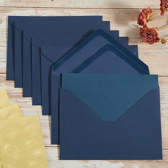 50 Pack Navy Blue A7 Envelopes with Cards and Gold Stickers, 5x7 | With Thick Folded Cardstock, For Greeting Cards, Wedding, Birthday, Invitations, Baby Showers