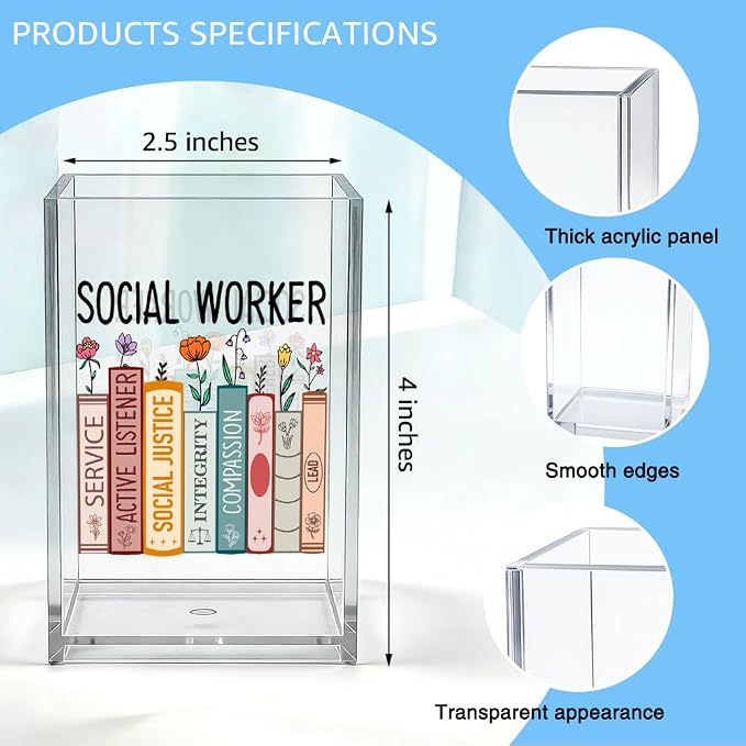 Social Worker Acrylic Organizer Pencil Pen Holder, Book-Themed Desk Organizer, Work Anniversary Social Work Month Gifts for Society Worker Counselor Book Lover, Graduation Gifts for Student