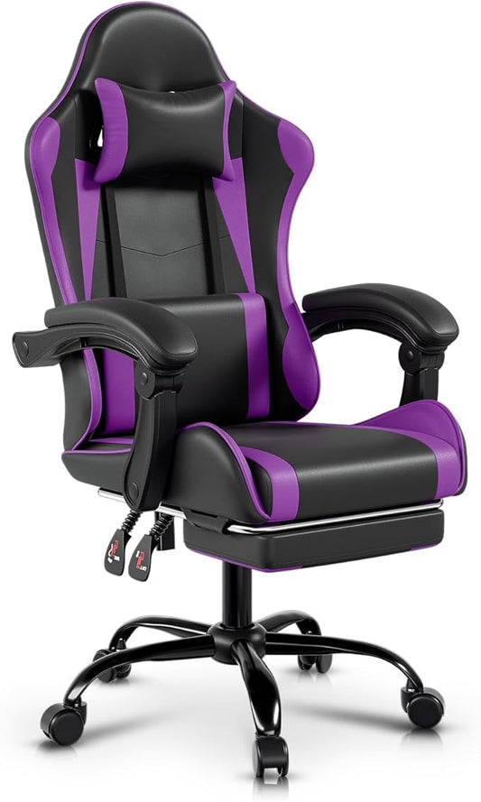 Auto Dynasty Ergonomic Gaming Chair, High-Back Office Chair w/Adjustable Lumbar Support, Linkage Armrest, Headrest & Footrest, 350LBS Recliner Swivel Computer Game Racing Chair, Purple/Black
