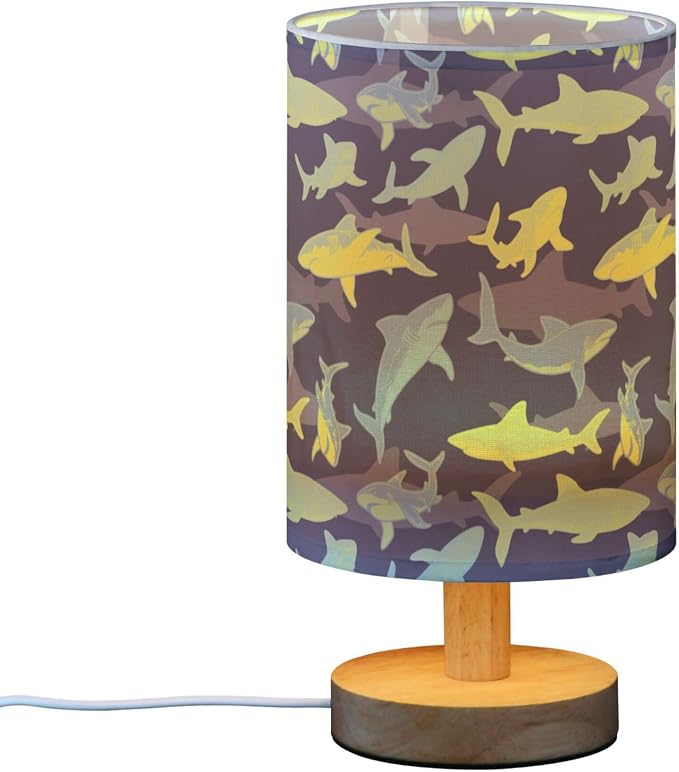 Table Lamp Shark Underwater Pattern Nightstand Lamp with Wood Base Fabric Lamp Shade Bedside Desk Lamp for Living Room Bedroom Kids Room Office