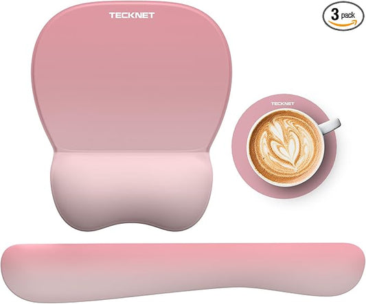 TECKNET Gel Ergonomic Mouse Pad & Keyboard Wrist Rest & Coaster | 3 in 1 Set, Pain Relief, Milk Silk Cloth, Non-Slip PU Base, Easy Typing, Memory Foam Wrist Support for Office & Home