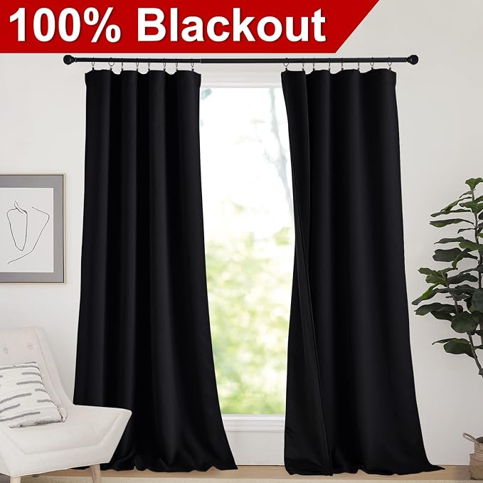 NICETOWN 100% Blackout Curtains Cold Blocking, Durable Black Lined Blackout Curtains for Bedroom, Energy Saving Long Curtains for Patio Sliding Glass Door, Black, 52-inch x 95-inch, 2 Panels