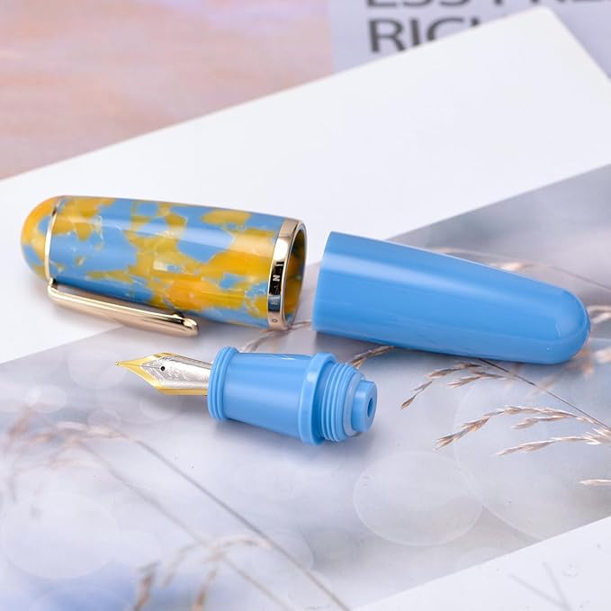 Lanxivi Majohn Q1 Fountain Pen Fine Nib Sky Blue Acrylic, Little Fat Man Eyedropper Filling Pocket Pen Large Capacity