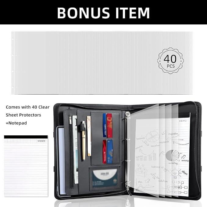 Zippered Padfolio Portfolio Binder, 40 Sleeves & Tablet Holder Case | Features 40 transparent sleeves, tablet pocket & writing pad. Textured leather for office & travel. Secure zipper closure.