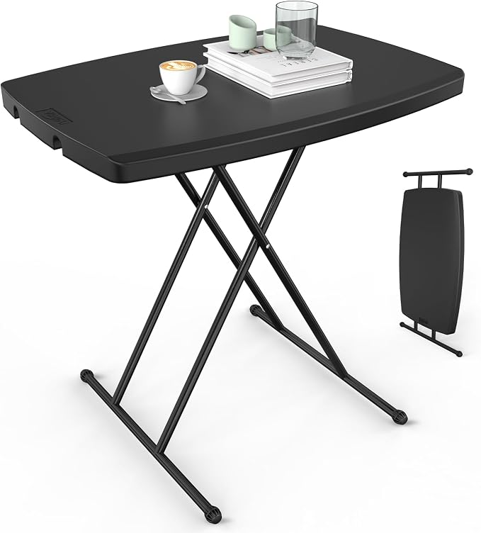 VINGLI Small Folding Table Portable, 30" Adjustable Height Personal Laptop TV Tray, Camping Table, HDPE Plastic Top with Steel Frame,Black