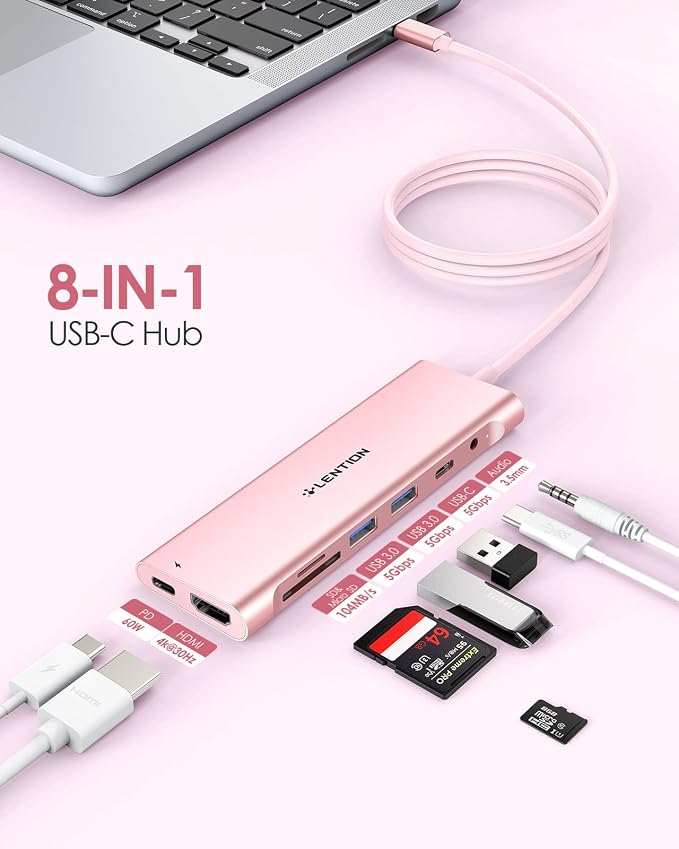LENTION 3.3FT Long Cable USB C Hub with 4K HDMI, 100W PD, USB 3.0 A&C Data, Card Reader&LED Indicator for MacBook Pro/Air, Dell XPS, HP, Chromebook, Stable Driver Adapter (C37-1M, Rose Gold)