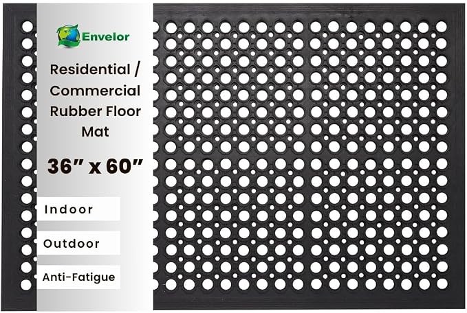 Envelor Anti Fatigue Mats for Kitchen Floor, Rubber Bar Mat, Non Slip Commercial Floor Mat with Drainage Holes, Indoor Outdoor Rubber Mat for Restaurant, Garage, Entryway, Entry Mat 36 x 60 in