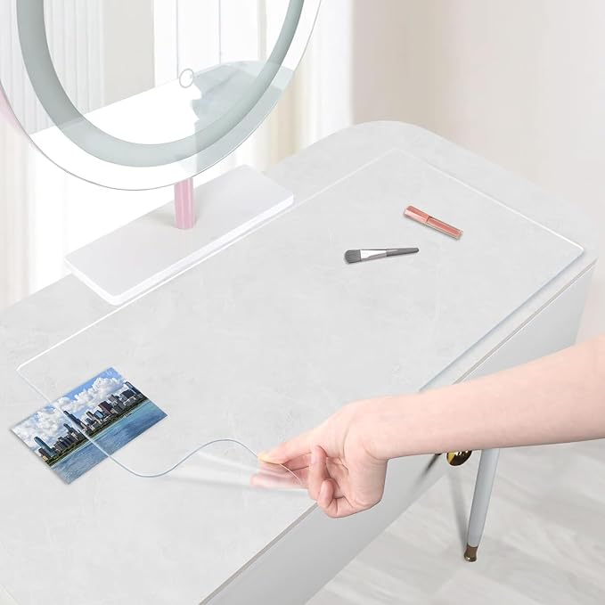 Makeup Mat for Vanity Top 17in x 17in, PVC Desk Mat - Easy to Clean, Waterproof & Oilproof Vanity Accessories - Clear 1mm