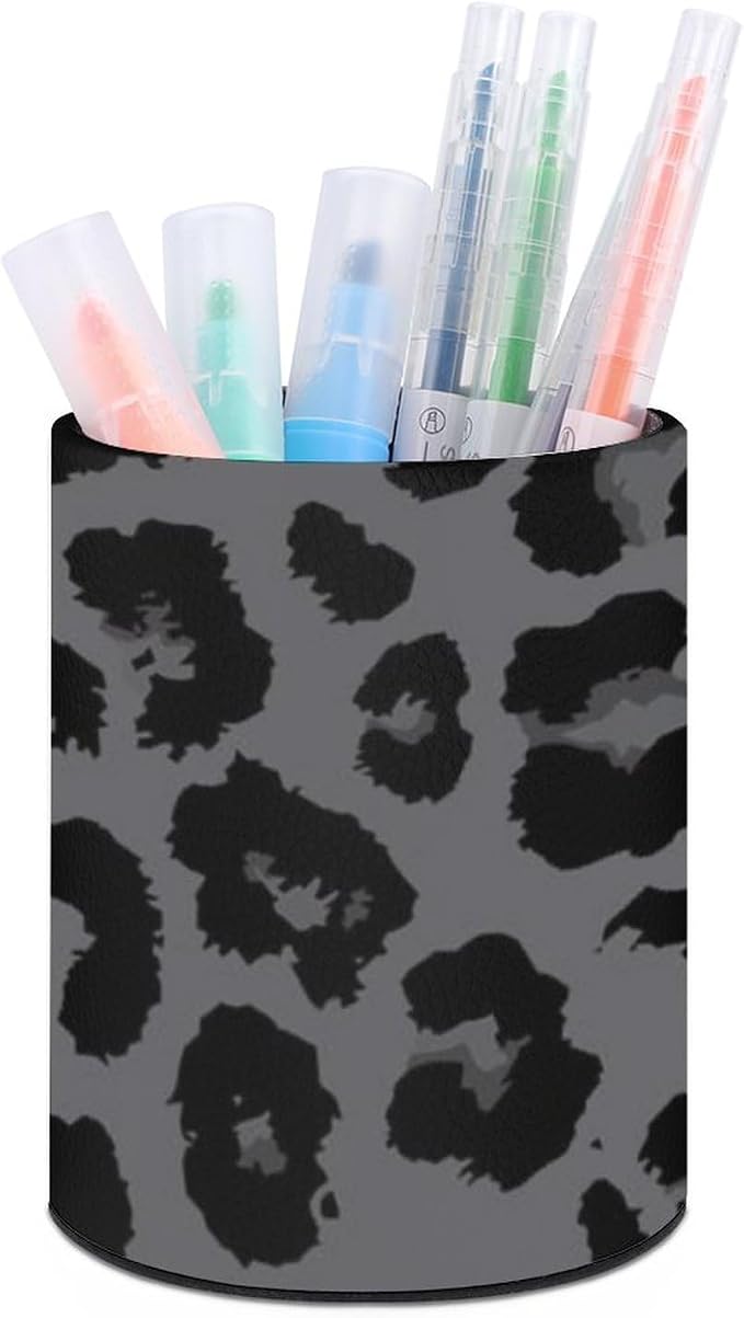 Leopard Print Pen Holder for Desk PU Pencil Cup Organizer | Round Desks Makeup Brush Holder for School Multifunctional Office Supplies