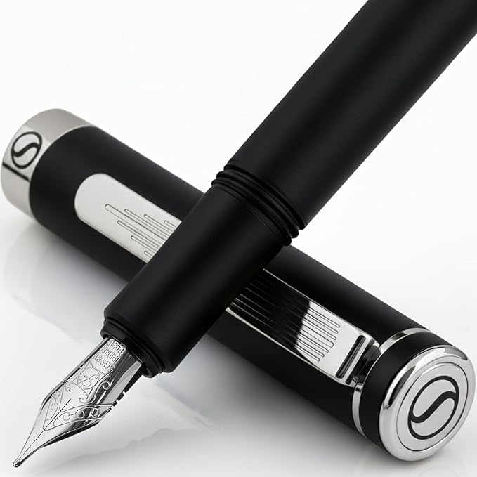 Scriveiner Luxury EDC Fountain Pen (Fine), Stunning Matt Black Pocket Pen, Chrome Finish, Schmidt German Nib, Converter, Best Writing Pen Gift Set for Men & Women, Nice Fancy Office Designer Pen