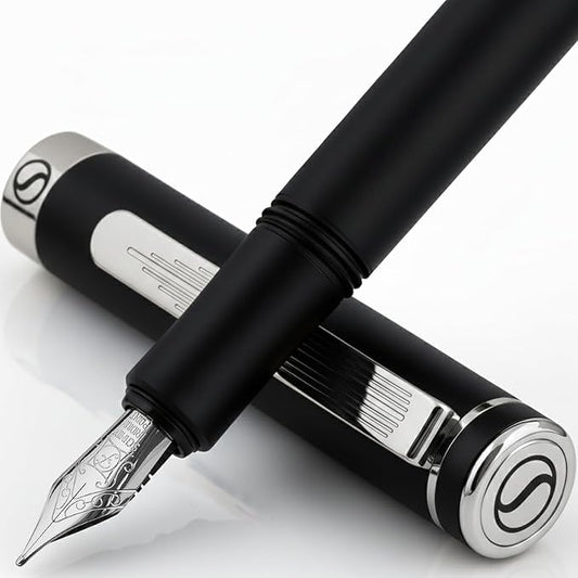Scriveiner Luxury EDC Fountain Pen (Fine), Stunning Matt Black Pocket Pen, Chrome Finish, Schmidt German Nib, Converter, Best Writing Pen Gift Set for Men & Women, Nice Fancy Office Designer Pen