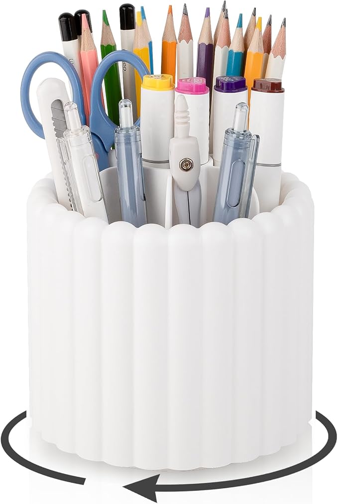 360° Rotating Pen Holder for Desk Removable Pencil Organizer, White | 7 Slots Pen Cup Cute Office Supplies and Accessories Plastic Desktop Storage Box Art Caddy for School, Work, Home