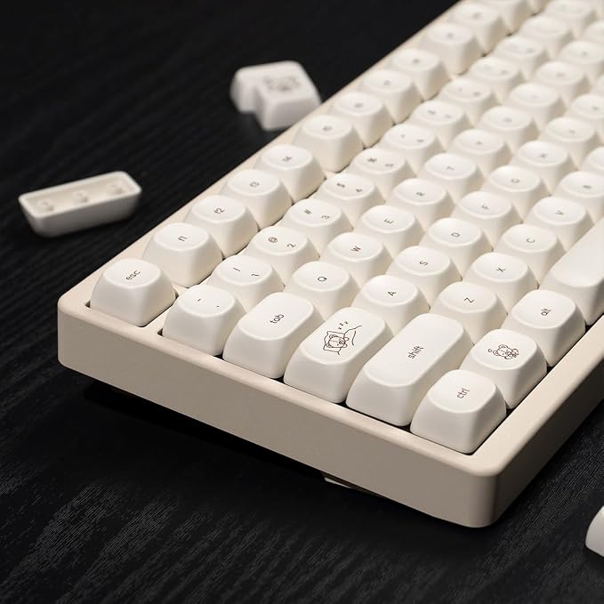 MOA Profile Cute Bear Keycaps, 124keys PBT Keycaps Set, Minimalist White Keyboard Key Caps, Custom Dye Sublimation Keycap for 61/64/68/84/87/100/104/108 Cherry MX Mechanical Keyboards(124 Keys)
