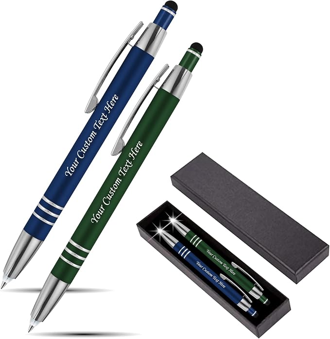 Personalized Pen Gift Set, 2 Rubberized Metal Luxury Ballpoint Pens +Night Writer LED Flashlight +Stylus +Gift Box, Custom Engraved Name,logo,or text Blue/Green