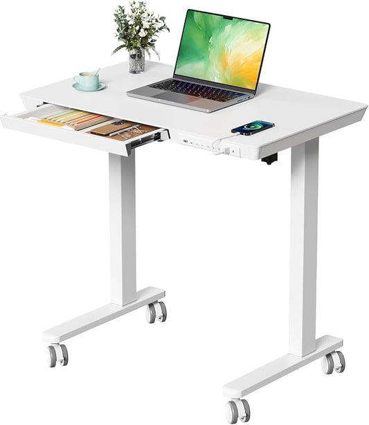 32" Electric Standing Desk with Drawer, Rolling Laptop Desk | Height Adjustable Quick Install One-Piece Tabletop with USB Charging Ports, Sit Stand Computer Desk for Small Space, White