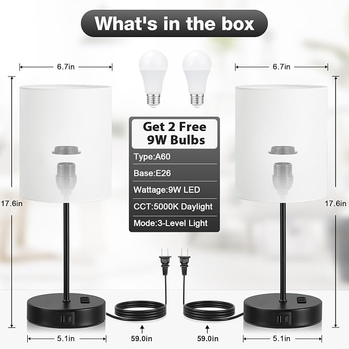 White and Black Lamps for Nightstand Set of 2 - Bedside Table Lamp for Bedroom with Dual USB Ports & AC Outlet, 3-Way Dimmable Lamps for Living Room Boys Room, Night Light with 5000K Daylight Bulbs