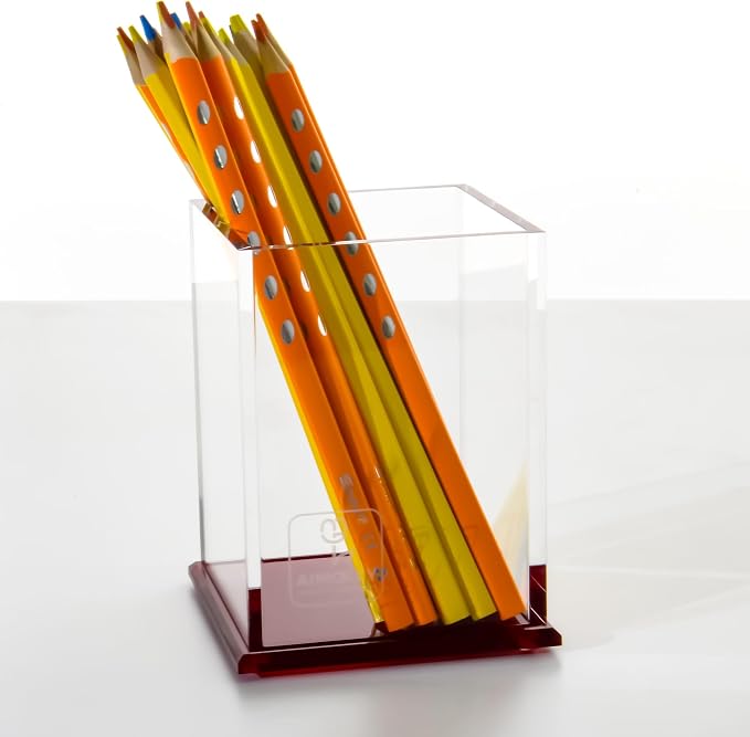 Red Acrylic Pencil Pen Holder Cup, Desk Accessories Holder,Makeup Brush Storage Organizer, Modern Design Desktop Stationery Organizer for Office School Home Supplies, 3.1x 3.1x 4.3 inch