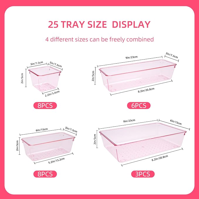 Kitchen Desk Drawer Organizers Storage for Office, Small Acrylic Vanity Trays Makeup Organizer for Drawer Bathroom Plastic Make up Organizers 25 Pcs Pink