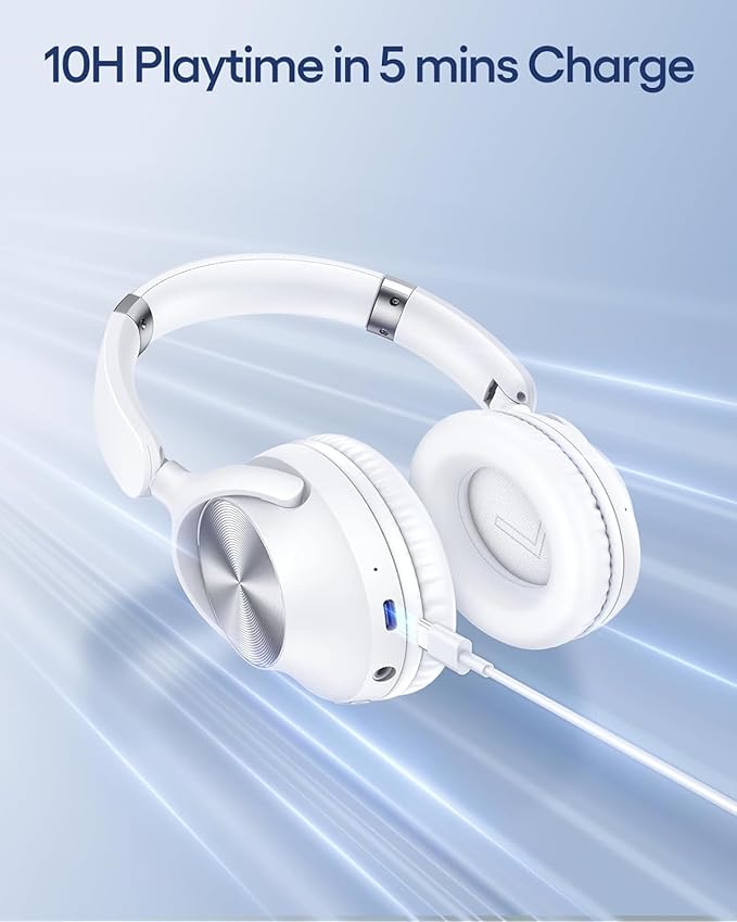 TAGRY Hybrid Active Noise Cancelling Headphones 100H Playtime Wireless Over Ear Bluetooth Headphone with Fast Charging Hi-Res Audio Comfort Earcups Headsets for Travel Home Office Phone PC White