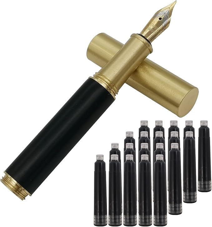 Handcrafted Brass Wooden Fountain Pen Short Paragraph (85mm) Pocket Mini Travel Pen with 20 Pcs Black Ink Cartridges, Black