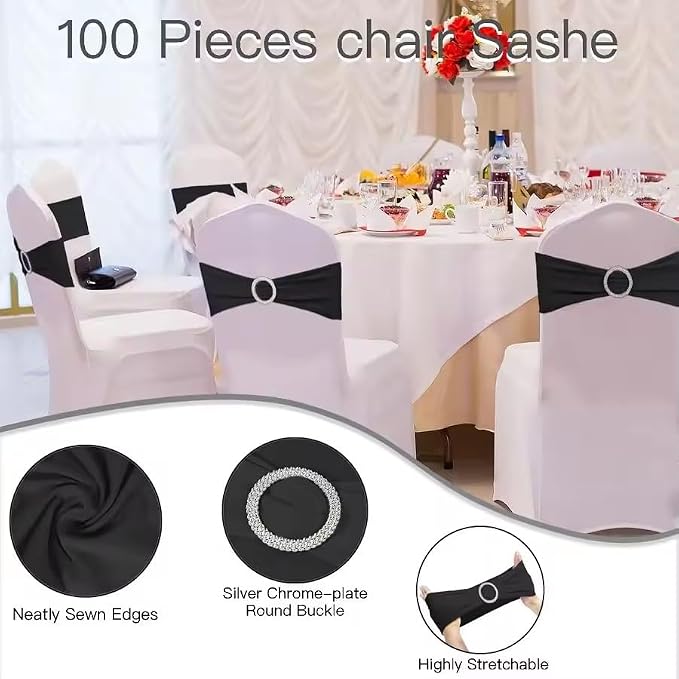Tvoip 10PCS Chair Cover Stretch Band with Buckle Slider Sashes Bow Wedding Banquet Chair Decoration (Black)