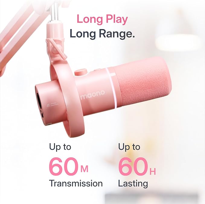 MAONO PD200W Hybrid Wireless Podcast Equipment Bundle for 2, XLR USB Dynamic Microphone Kit with 2 Desktop Stand, Software, Noise Cancellation, for Co-hosted Podcast, Vocal Recording, Pink