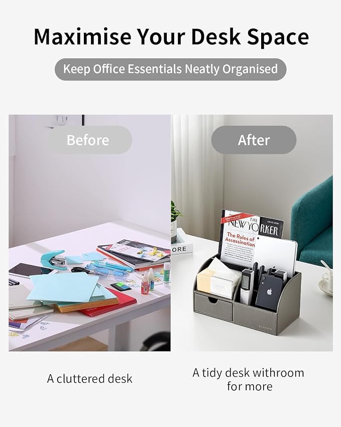 VLANDO PU Leather Desk Drawer Organizer with 6 Compartments | Office Supplies for Desk, Nightstand Organizer,Home Office School Supplies,Gray