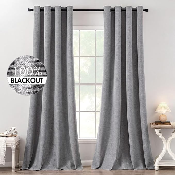 MIULEE Linen Texture Curtains for Bedroom Solid 100% Blackout Thermal Insulated Grey Curtains Grommet Room Darkening Curtains/Draperies Luxury Decor for Living Room 52x120 Inch (2 Panels)