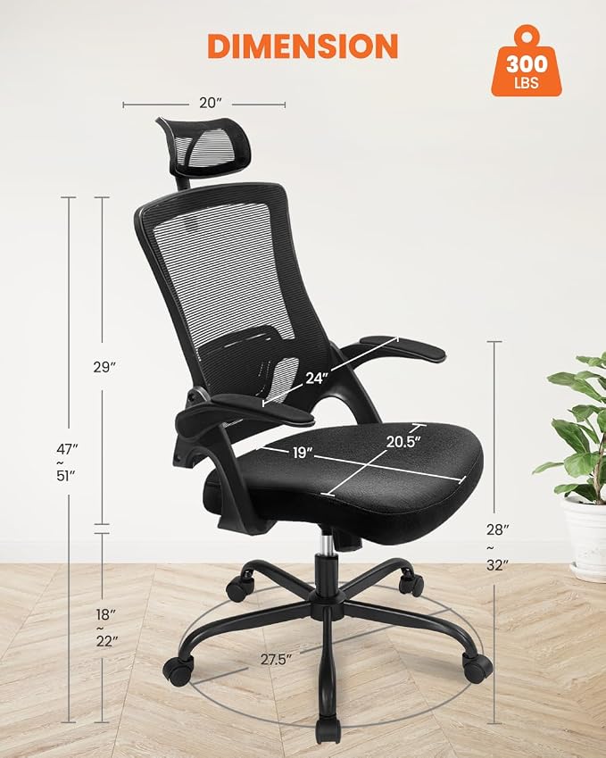 NEO Chair Office Chair High Back Desk Chair Comfy Gaming Computer Mesh Seat with Ergonomic Lumbar Adjustable Headrest Rolling Flip-up Armrests and Wheels (Dark Black)