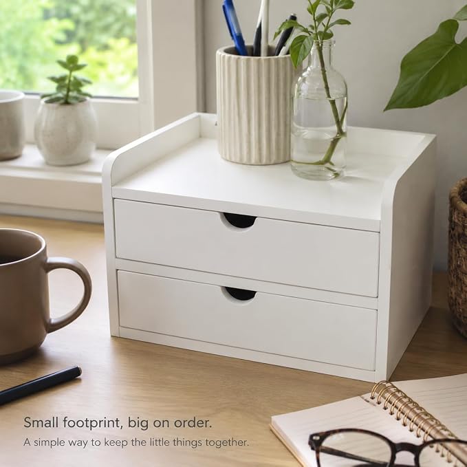 Desktop Organizer with 2 Drawers, Wooden Desk Shelf Storage Cabinet, Monitor Stand Riser for Office Supplies, Books & Accessories, Desktop Bookcase for Home Office, White