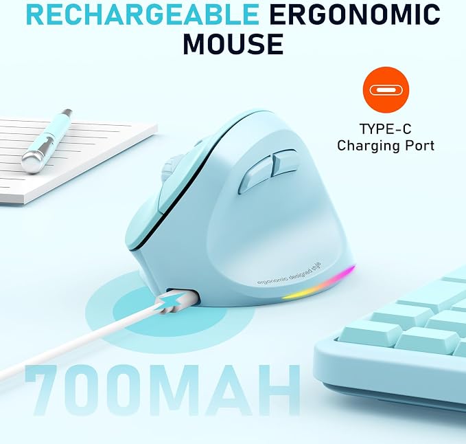 MEETION Ergonomic Mouse, Wireless Vertical Mouse RGB Backlit Rechargeable Mice for Bluetooth(5.2 + 3.0) & USB, 4 Adjustable DPI Mac/Windows/Andriod/PC/Tablet/iPad Blue