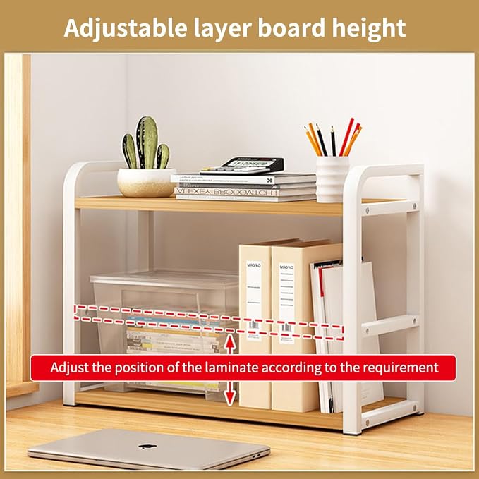 Office Desk Shelf Organizer, Wood Desktop Bookshelf Supplies Storage Rack, Shelf for Top of Desk and Dresser and Cubicle Decor Aesthetic Bookshelf (Black Wood-Two Tier)