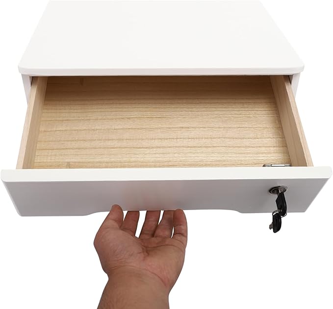 Desktop Storage Box with Lockable Drawer, Office Supplies Drawer Organizer, Wooden Desk Organizer, Small Bamboo Storage Box for Desk, Modern Desktop Drawer Organizer (White)