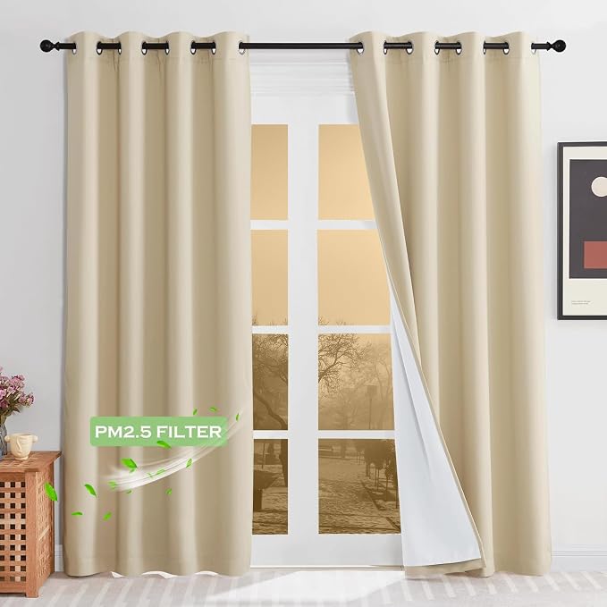KGORGE Anti Dust Soundproof 100% Blackout Curtains 4 Layers Heavy Duty Energy Efficiency Window Curtains for Living Room Baby Bedroom Home Office Studio, Wide 52 x Long 95 inches, Beige, 2 Panels